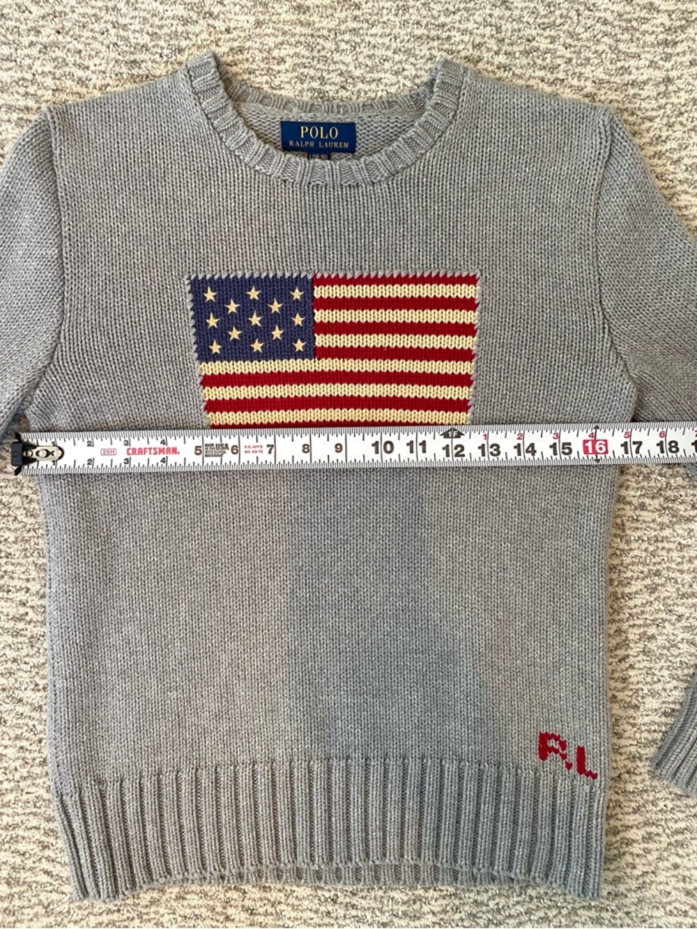 Polo Ralph Lauren Gray American Flag Sweater 100% Cotton Women’s XS Youth 16 - Picture 7 of 10